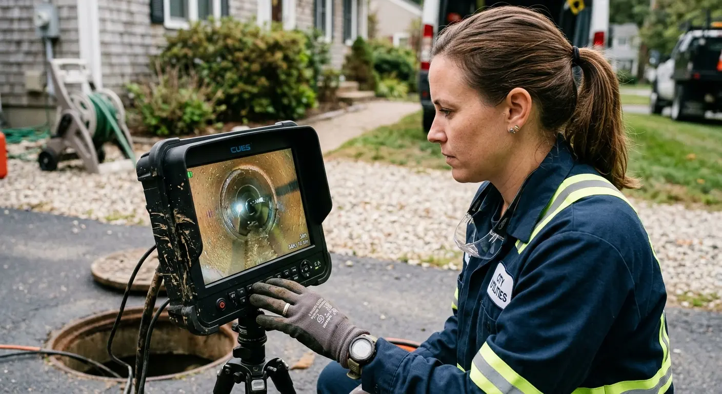 Technician reviewing sewer camera inspection footage in Horsham
