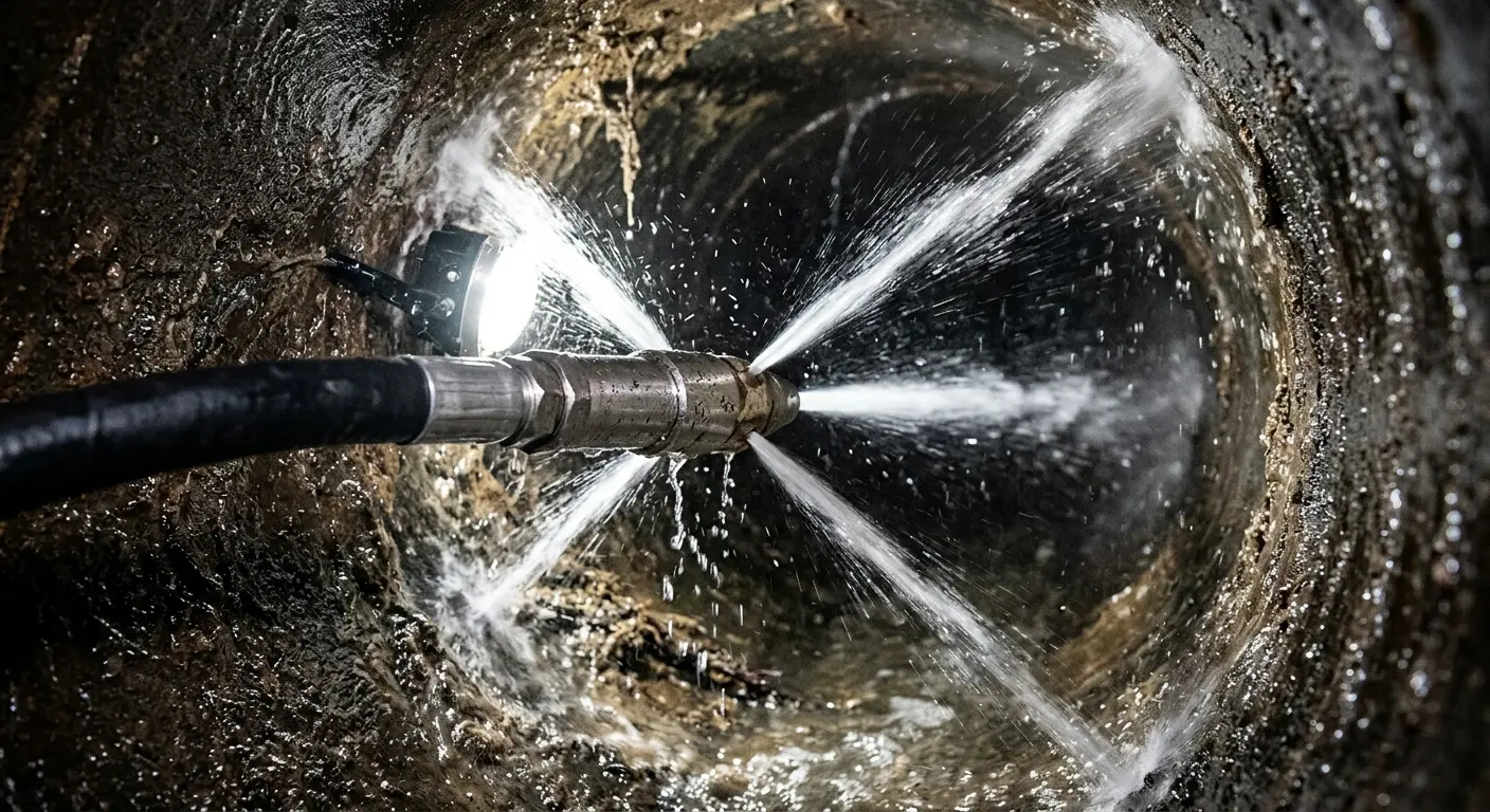 High-pressure hydro jetting nozzle cleaning sewer pipe for Trenchless Sewer Repair in Horsham