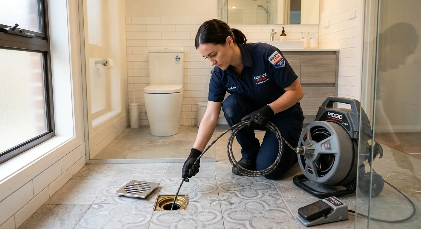 Technician clearing a bathroom floor drain for Drain Cleaning in Horsham